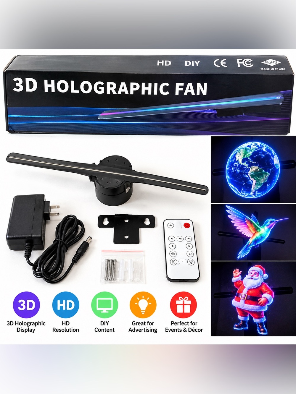 3D Holographic Fan Display - Black with Blue/Purple LED Graphics